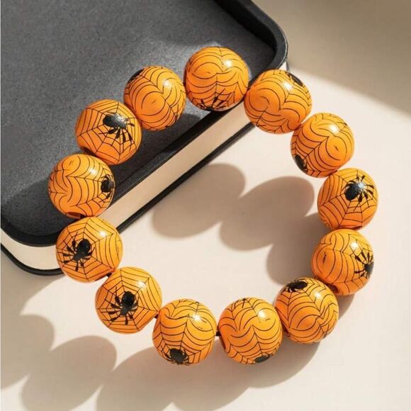 Wooden Spray Painted Black Spider Print Bracelet , Halloween Party - Picture 3 of 10